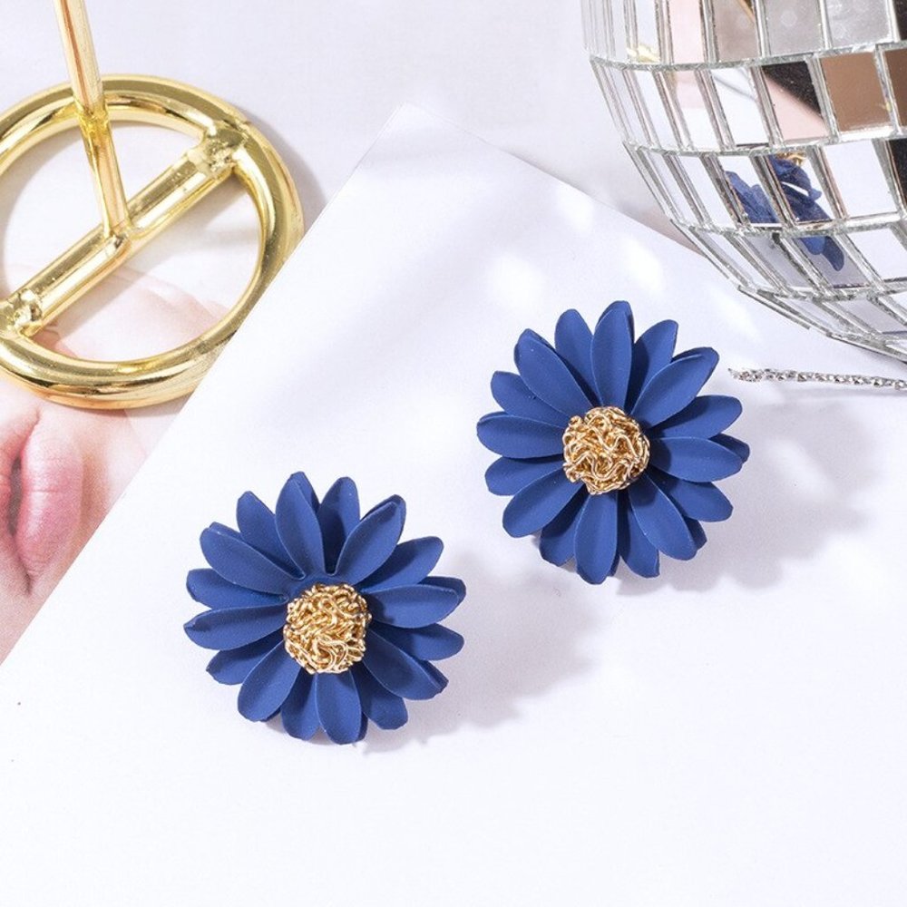 Gold Blue Cute Large Daisy Flower Stud Earrings